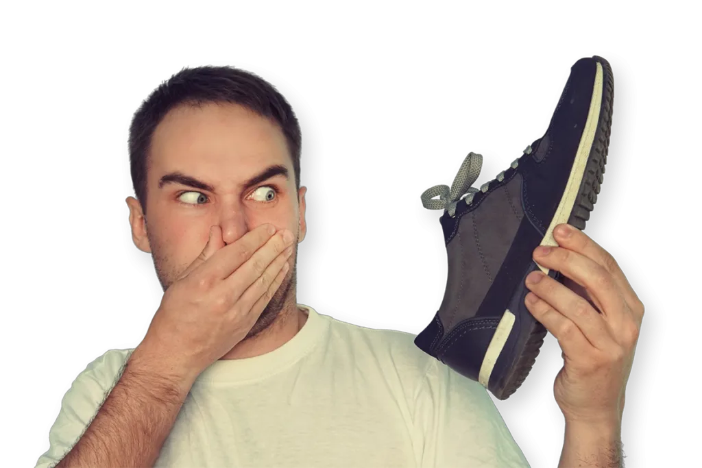 Man reacts to smelly trainers: foot odour is in both the skin and the shoe