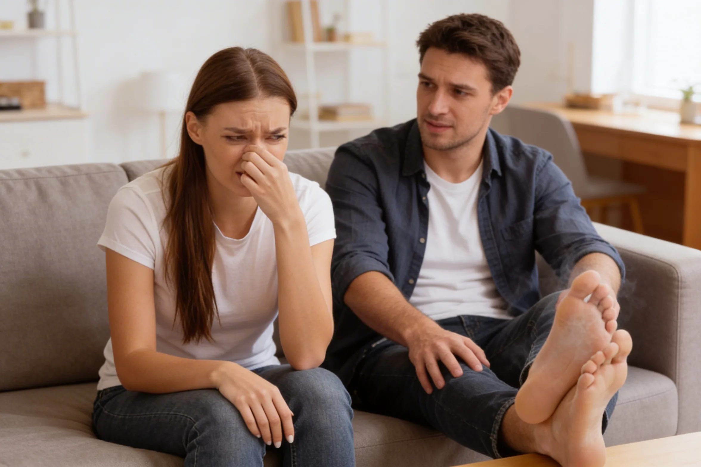 Odour nuisance caused by sweaty feet in a man and a woman on the sofa